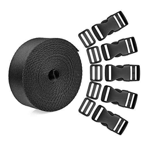 BTNOW 15 Set Plastic 1 Inch Flat Side Release Buckles and Tri-Glide Slides with 1 Roll 5 Yards Nylon Webbing Straps for DIY Making Luggage Strap, Pet Collar, Backpack Repairing