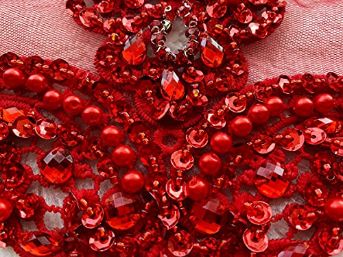 Zbroh Handmade Rhinestones Trin Lace Patches Sew on Beads Sequins Applique for Dress Clothes Neckline (Red)