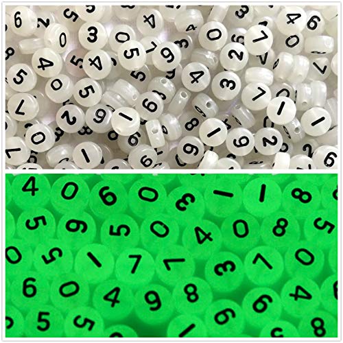 Amaney 500pcs Acrylic Number Beads 7x4mm Mixed Number Letter Beads Acrylic Plastic Round Shape Loose Beads (Glowing in The Dark)