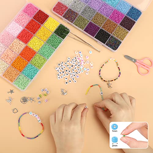 QUEFE 40000pcs 2mm Glass Seed Beads for Jewelry Making Kit, 440pcs Letter Beads 100pcs Smiley Face Beads & 100pcs Evil Eye Beads for Bracelets Necklace Ring Making DIY Art Craft Gifts