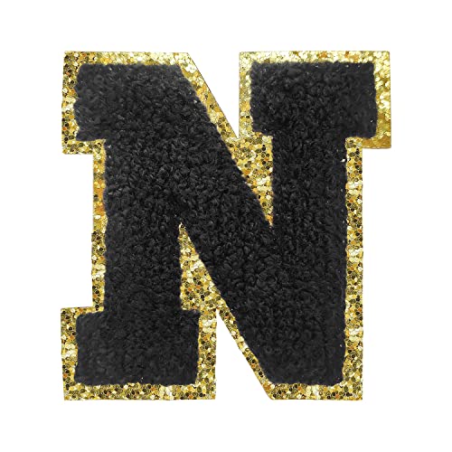 Letter Patches Varsity Glitters Chenille,3 PCS SPRT Iron on Black Letter Patch,Alphabet Cloth Patch for Team Costume Decoration 3.1in Height N (3 Pieces)