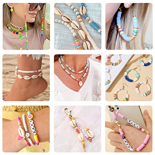 Quefe 5000pcs Clay Heishi Beads for Bracelet Jewelry Making, Polymer Flat Round Clay Beads Kit with 240pcs Letter Beads, Pendant Charms and Elastic Strings, 36 Colors 6mm