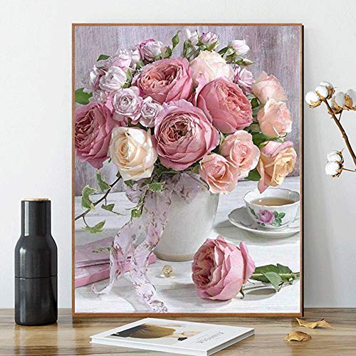 Kimily DIY Paint by Numbers for Adults Kids Pink Rose Paint by Numbers DIY Painting Roses Acrylic Paint by Numbers Painting Kit Home Wall Living Room Bedroom Decoration Pink Rose Flowers in Vase