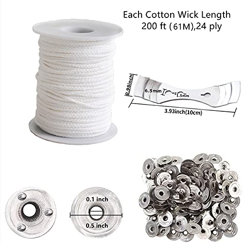 400 ft Cotton Candle Wick,24 PLY Braided Cotton Candle Making Wicks Spool + 200 Pieces Metal Sustainer Tabs + 1 Piece Centering Device Holder Set for DIY Crafts