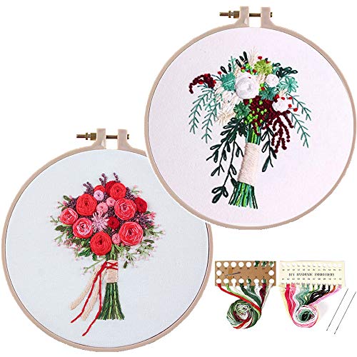 Konrisa 2 Pack Embroidery Starter Kit for Beginners Beautiful Flower Stamped Embroidery Kit with Pattern Adult Cross Stitch Kits Wedding Bouquet Decoration,with Embroidery Cloth Hoops Threads Needles