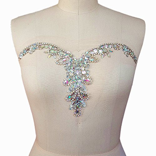 Handmade Beaded Sequin AB Color Bling Sew On Neckline Rhinestone Crystal Trim Bridal Applique Design Patch Sewing for Wedding Dresses DIY Decoration 20x34cm (AB)