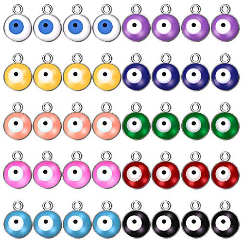 80 Pieces Halloween Alloy Evil Eye Charms Double-Sided Evil Eye Charm Round Evil Eye Pendant Colorful Enamel Eye Charm for DIY Jewelry Earring Necklace Craft Making, 10 Colors (Silver Base)