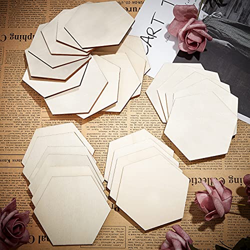 45 Pieces 3.5 x 3 Inch Unfinished Hexagon Wood Pieces Blank Wood Hexagon Shape Slices Wooden Tile Slabs Cutouts for DIY Crafts Painting Staining Coasters Festival Wall Home Decoration (45 Pieces)