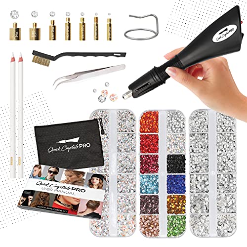 Quick Crystals Pro Hotfix Applicator,, Bedazzler Kit with Rhinestones, DIY Wand Setter Tool Kit with 7 Different Tip Sizes, Tweezers, Cleaning Brush, User Manual, and 4400 Rhinestones.