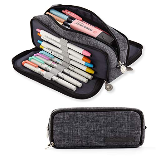 ANGOOBABY Large Pencil Case Big Capacity 3 Compartments Canvas Pencil Pouch for Teen Boys Girls School Students (Black)