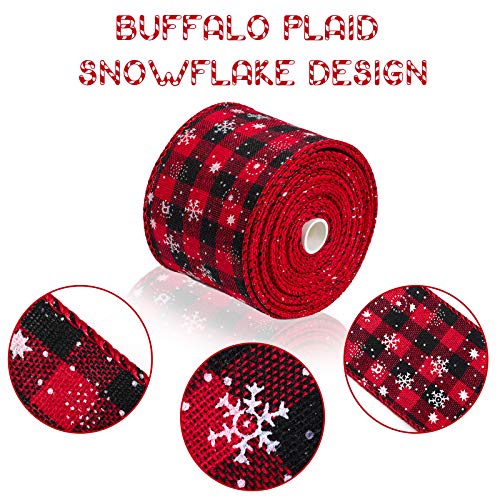 3 Rolls Christmas Snowflake Buffalo Plaid Ribbon Wired Edge Ribbon Black and Red Plaid Burlap Ribbon Christmas Check Burlap Ribbon for Christmas Wrapping Crafts Decoration (6 Yard x 2.5 Inch)