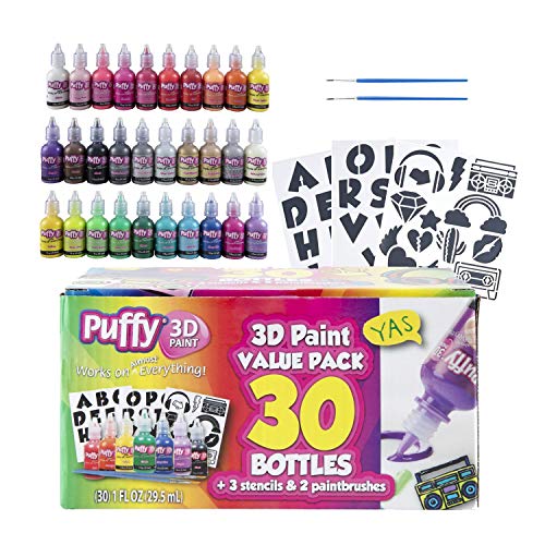 Puffy, 1 fl oz, 3 Stencils & 2 Paintbrushes 3D Paint, 30 Pack, Rainbow, 30 Color Pack (PUFFLRGPK)