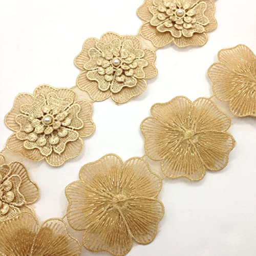 KARMELLING 10PC Gold 3Inch Pearl Chiffon Beaded Polyester Flower Embroidered Lace Edge Trim Ribbon for Sewing DIY Craft Decorative