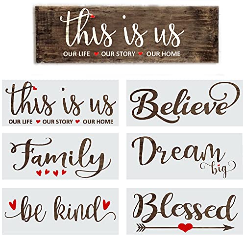 Stencils for Painting on Wood Reusable - 6 Inspirational Word Stencils for Wood Signs, Canvas and More -Farmhouse Stencil Set Includes Large Stencils for Crafts - This is Us, Believe, Family and Dream