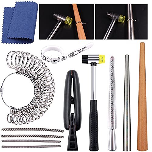 Wokape 12Pcs Ring Sizer Measuring Tool Kit, Including Ring Mandrel, Ring Gauge Finger Sizer, White (1-17) Ring Sizer, Jewelry Hammer, Ring Clamp, Ring Size Adjusters with Polishing Clothes