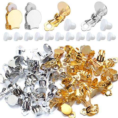60pcs Round Flat Back Tray Earring Clips Non Pierced Earring Components and 60pcs Soft Cushion for DIY Earrings Jewelry Making,Gold and Silver