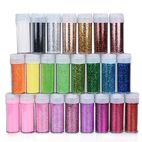 TORC 24 Colors Extra Fine Glitter Set Shaker Jar, Iridescent Rainbow Glitter for Resin Craft Slime Tumbler Body Cosmetic Nail Art Makeup, Total 240 g/8.5 oz