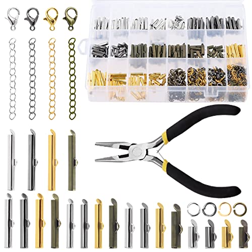 Wokape 641Pcs 5 Sizes Slider On End Clasps Kit with Pliers/ Lobster Claw Clasps/ Twist Extender Chains/ Open Jump Rings, Slide Tube End Bar for Jewelry Making (2/5" 3/5" 4/5" 1" 6/5")