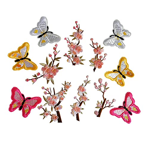 6 Pcs Big Plum Blossom/Small Slice of Plum Blossom Iron On Patches Embroidery Flower Appliques (Light Pink Plum Blossom + Butterfly)