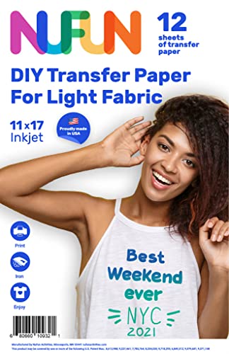 NuFun Activities Inkjet Printable Iron-On Heat Tshirt Transfer Paper 11x17 (12, Light Fabrics)