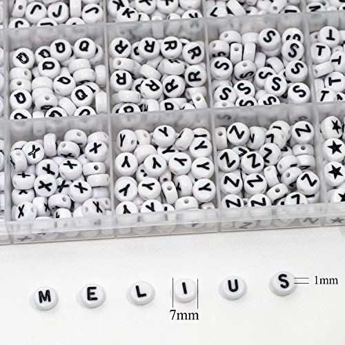 Melius Acrylic Letter Beads, 1450 Pcs 4x7mm Round Alphabet Beads in 28 Grid Box for Jewelry Making, DIY Bracelets, Necklaces, Key Chains, Bracelets (4x7mm, White)