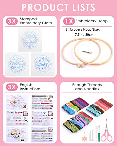 TINDTOP Beginners Embroidery Stitch Practice kit, 3 Sets Animal Embroidery Kit for Beginners Include Embroidery Cloth Hoops Threads for Craft Lover Hand Stitch with Embroidery Skill Techniques