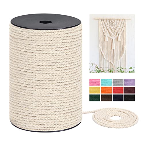 Macrame Cord 4mm x 240Yards（720Feet, Natural Cotton Macrame Rope - 3 Strands Twisted Macrame Cotton Cord for Wall Hanging, Plant Hangers, Crafts, Gift Wrapping and Wedding Decorations