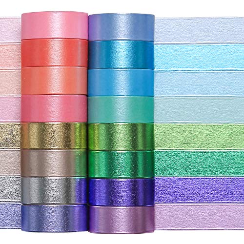 MPOPUUL Colored Decorative Washi Tape Set - 16 Rolls Gold Foil Macaron Colors Masking Tape, Cute Rainbow Japanese Paper Tapes for Bullet Journals, Scrapbooking & Crafts Supplies,15mm Wide
