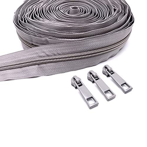 Goyunwell #5 Grey Zipper Tape by The Yard 10 Yard Nylon Coil Zippers for Sewing with 15pcs Grey Zipper Pulls Zippers by The Yard for Purse and Bag