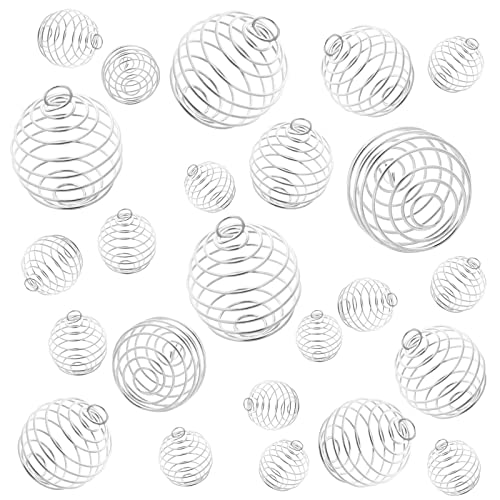 30pcs Spiral Bead Cages Pendants, UHOMENY 3 Sizes Gold Silver Plated Crystal Stone Holder Necklace Hollow Cage Pendants Charms Findings for Jewelry Making DIY Crafting ( 15mm,20mm,25mm) (Silver)