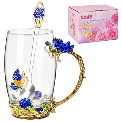 OEAGO Gifts for Mom Women Mothers Day Glass Coffee Enamels Mug Best Birthday Butterfly Rose Gifts for Her from Daughter Son Lead-Free Stocking Stuffers Christmas Blue Tea Cup with Spoon Set