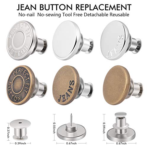 12 Sets Button Pins for Jeans, Jean Buttons Pins for Loose Jeans, No Sew and No Tools Instant Replacement Snap Tack Pant Button, Ceryvop Reusable and Adjustable Metal Pants Button Tightener