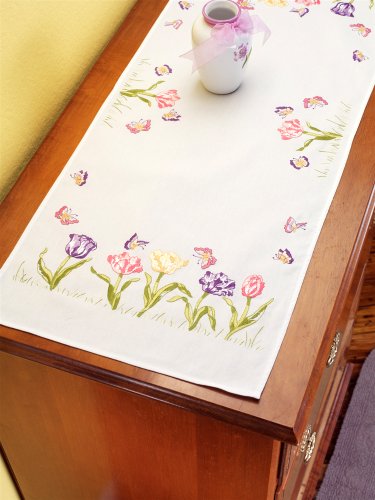 Janlynn Stamped Embroidery Kit, Tulip Garden Dresser Scarf