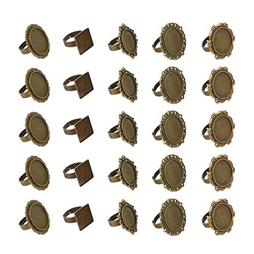 PH PandaHall Ring Blanks, 5 Styles 50pcs Antique Bronze Round Cabochon Rings Settings Finger Ring Components Iron Cabochon Bezel Settings for Ring Making Flat Round Oval Square