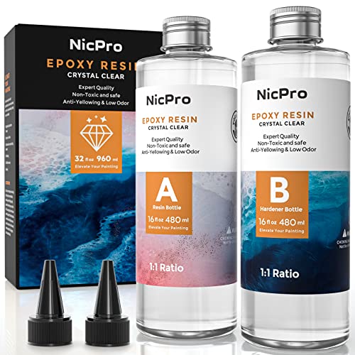 Nicpro 32 Ounce Crystal Clear Epoxy Resin Kit, Food Safe DIY Starter Art Resin for Craft, Canvas Painting, Molds Pigment Jewelry Making, Resin Coating and Casting