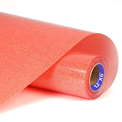 SHOMKIEE Orange Glitter HTV Heat Transfer Vinyl Rolls 12inch by 6feet PU Stretch Iron on Vinyl for T-Shirt for Silhouette and Cameo (6ft, Glitter Orange Red)