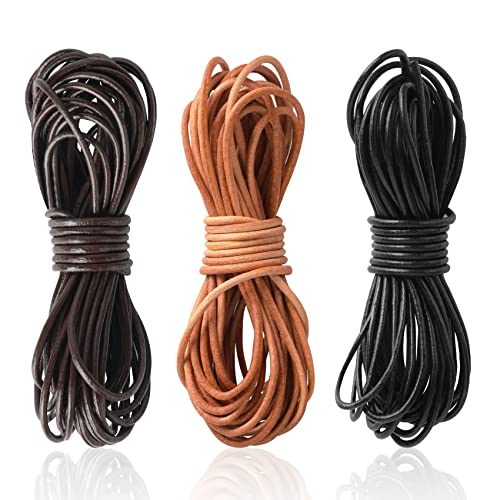 SOSMAR 3 Rolls 5.5 Yard X 2MM Cowhide Round Leather Cords Rope String for Jewelry Making Bracelet Necklace Jewelry Making Lanyards DIY Crafts, Black, Dark Brown, Natural Brown Genuine Leather Cord