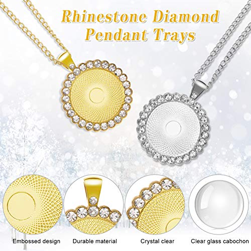 12 Pieces Rhinestone Diamond Pendant Trays 25 mm Round Bezel Pendant Trays and 12 Pieces Transparent Glass Cabochons for Photo Pendant Jewelry Craft DIY Making (Gold and Sliver)
