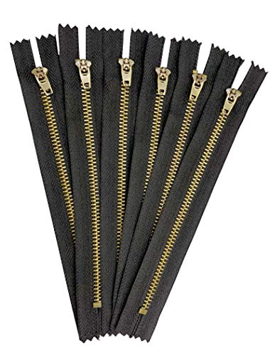 AMORNPHAN 6 pcs 6 Inch Metal Zippers Closed End #5 Black Tape Antique Brass Teeth Spring Lock Slider Heavy Duty for Jeans Denim Pockets Clothes Crafts Sewing (6")