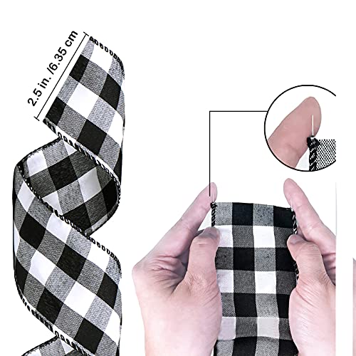 Winlyn 50 Yards Black and White Buffalo Check Plaid Wired Ribbon Gingham Ribbon 2.5" Wide for Christmas Tree Wreath Bows Festive Farmhouse Decoration Gift Wrapping Crafts Floral Arrangement