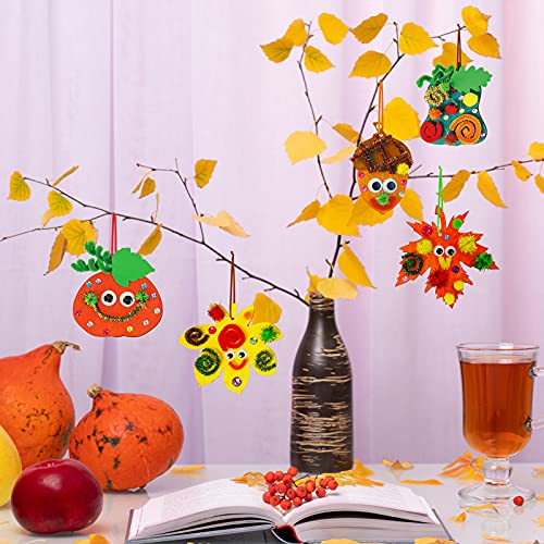 Winlyn 72 Sets Hanging Maple Leaf Pumpkins Acorn Wooden Ornaments Decorations Fall Craft Kits Paintable Unfinished Wood Pom-Poms Googly Eyes for Kids Thanksgiving Party Classroom Activity Art Project