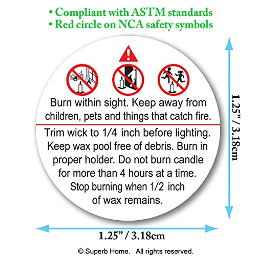 Superb Home 100 pcs 1.25” ASTM Compliant Candle Warning Labels Stickers Waterproof Scratchproof Official NCA Safety Alert Symbols Big Text Soy Wax Candles Making Supplies Jars Tins Container