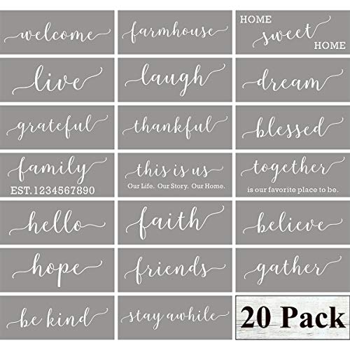Family Farmhouse Stencils for Painting on Wood - 20 Pack Large Inspirational Words Quotes Saying Sign Stencil Templates, Welcome Believe Blessed Thankful and More, Reusable Letter Stencils for Walls