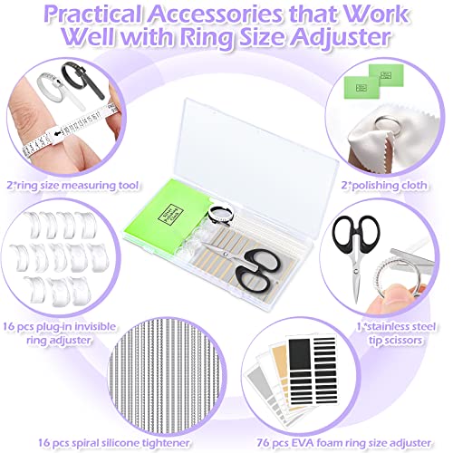 110 Pcs Ring Size Adjuster with Ring Size Measuring Tool for Loose Rings, Plug-in Invisible Ring Spiral Silicone Tightener EVA Foam Ring Size Adjuster Set with Polishing Cloth Fit Any Rings Sizes.
