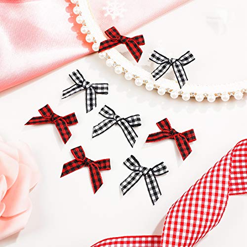 200 Pieces Christmas Mini Gingham Ribbon Bows Gingham Craft Ribbon Bows Mini Checkered Ribbon Flowers Appliques for Sewing, Scrapbooking, DIY Craft (Red Black and White Black)