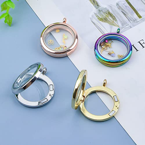 WANDIC Memory Locket Charms, 4 Pcs Round Mixed Colored Electroplated Crystal Picture Frame Bouquet Charm, Living Floating Memory Locket for 2 Photos