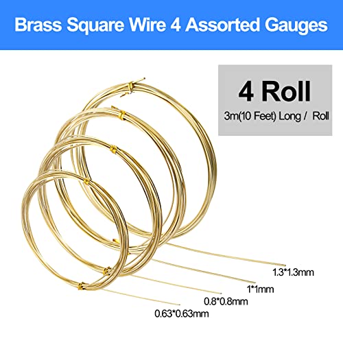 Brass Square Wire, Solid Square Brass Wire, Assorted Half Hard Brass Square Wire for Jewelry Making, 10 Feet, 16, 18, 20, 22 Gauge