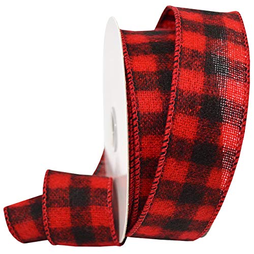 Morex Ribbon Wired Flannel Buffalo Plaid Ribbon, 1.5 inches by 10 Yards, Red/Black