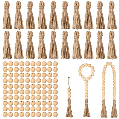 Unittype 20 Pieces Jute Rope Tassels with 100 Wood Beads for Hemp Rope Burlap Tassels Christmas Tree Rope Tassels DIY Wood Bead Garland Projects Decorations Wall Hanging Decor