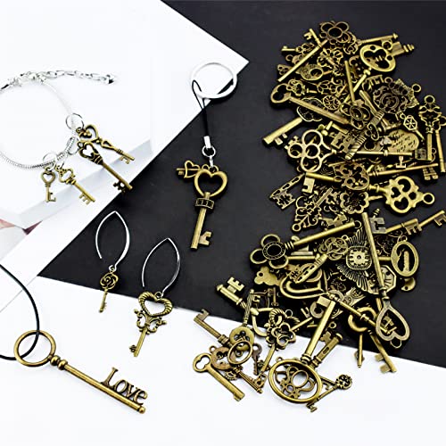 JIALEEY Vintage Skeleton Keys, Wholesale Bulk Lots Mixed Set of 100 Antique Bronze Brass Skeleton Castle Dungeon Pirate Keys, 10.5oz/300g